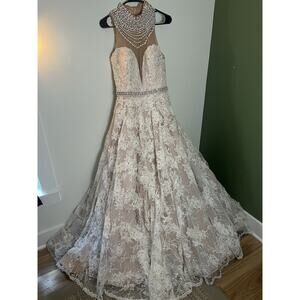 Sherri Hill SZ 10- 1338 Ivory Lace Pearl Neck‎ Back Mesh Ballgown Wedding Dress